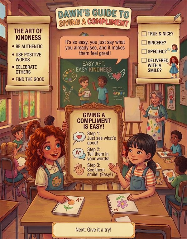 Dawn's guide to giving a compliment: just see what's good, tell them in your words, see them smile