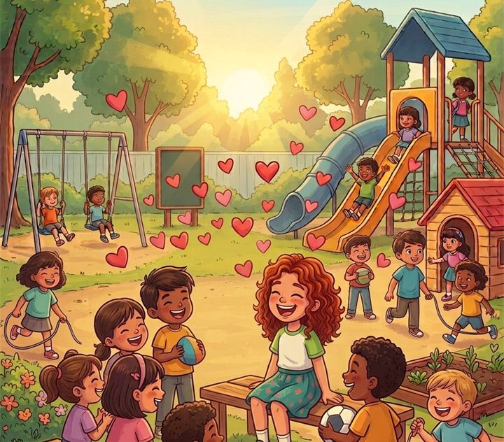 Dawn and her friends playing together on a sunny playground full of hearts