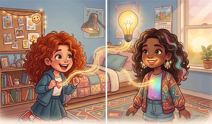 Dawn smiling at her friend as an idea lights up