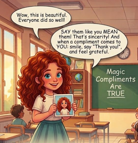 Dawn holding a picture: when a compliment comes to you, smile and say thank you